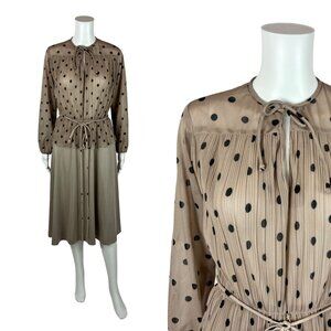 Vintage 80s Polka Dot Dress Women's Medium Black Tan Pleated Peplum Waist Sheath